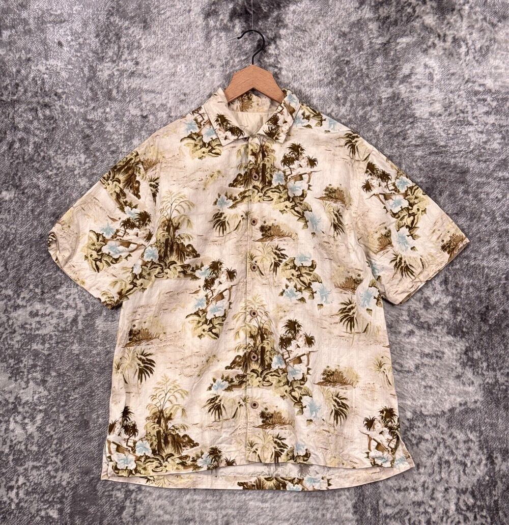 Tommy Bahama Shirt Large Mens Silk Hula Girl Hawaiian Palm Tree